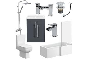 Plumbworld Complete Bathroom Suite with L Shaped Bath and Grey Vanity Unit - Right Hand