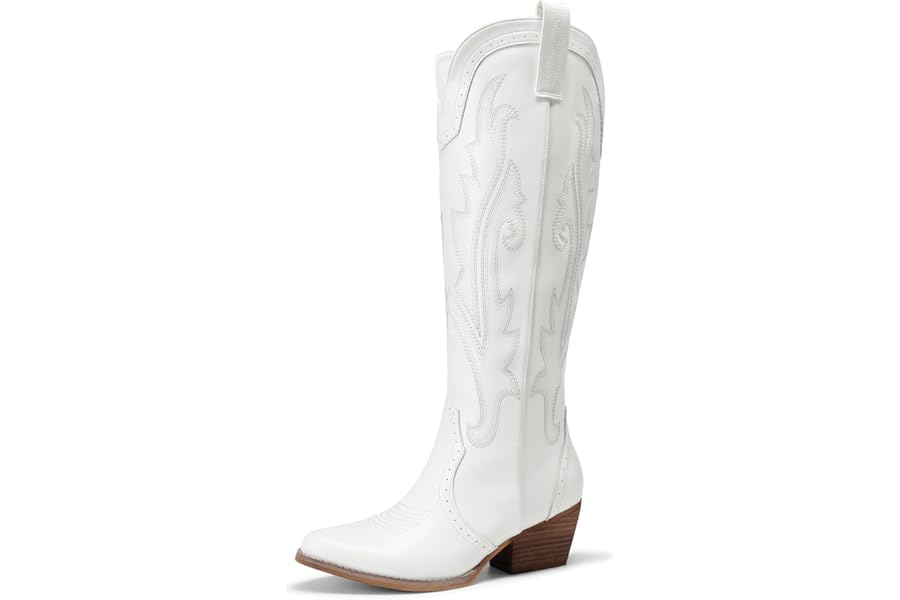 DREAM PAIRS Womens Cowboy Knee High Boots Comfortable Pull On Side Zipper Chunky Heel Embroidered Western Cowgirl Boots Retro Tall Boot for Theme Party Country Concert