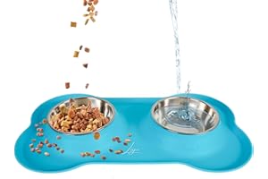 Ligo - Ciotole per Cani e Gatti di Piccola, Media e Grande Taglia, Ciotola Doppia in Acciaio Inossidabile Antiscivolo e Anti Goccia, Ciotola Cane con Tappetino in Silicone (S, AZZURRO)