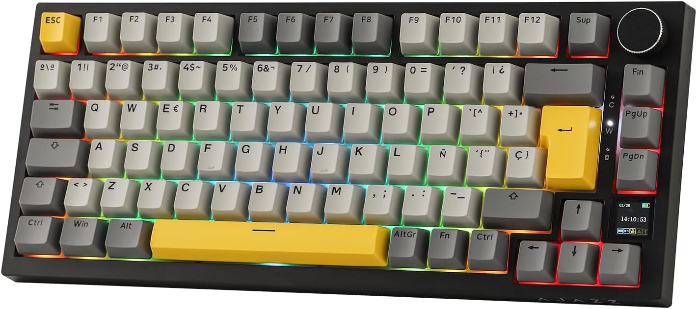 EPOMAKER Ajazz AK820 Pro ISO-ES Teclado Mecánico Inalámbrico, con Pantalla & Perilla, 2.4G/BT/USB, Iluminación RGB, Software Personalizado, Teclado Gaming de 75% Distribución Española para PC/Mac
