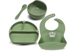 Miracle Baby Set Pappa Svezzamento Silicone Piatto con Ventosa per Bambini Ciotola Antiscivolo Bavaglino et Cucchiaino Set Prima Pappa per Neonato, Senza BPA e Anti Odore 4in (1, Verde)