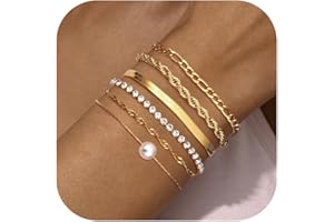 Milacolato 6Pcs Bracelets de chaîne Set Pour Femmes Mode Réglable 18K Or Plaqué Délicat Acier Inoxydable Twist Figaro Herringbone Chaîne Cubique Zircone Link Bracelet Bijoux