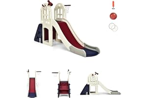 RELAX4LIFE 3 in 1 Centro Attività per Bambini, Parco Giochi con Scivolo, Anello di Lancio e Canestro, Set di Scivoli per Bambini da Giardino o Cameretta, Età 18 mesi-5 anni (Blu+Beige)