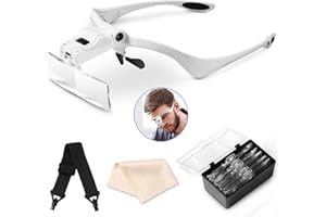Vinabo Stirnband-Lupe mit LED-Licht, Kopflupe mit – 5 Abnehmbaren Linsen (1,0 x 1,5 x 2,0 x 2,5 x 3,5 x), für alle Präzisionsarbeiten, Lesen, Juwelier, Sticken, Nähen, Schmuck
