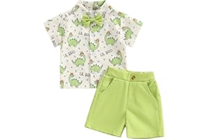 ESSECMBS Toddler Baby Boys Summer Cute Dinosaur Clothing Set 2 Pieces Short Sleeve Lapel Collar Button-Down Shirts Blouse Plain Shorts Boys Gentleman Clothing