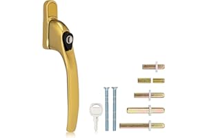 XFORT Key Locking Inline Window Handle Installation Kit in Polished Brass, UPVC Window Handle Replacement, Lockable Window Lever