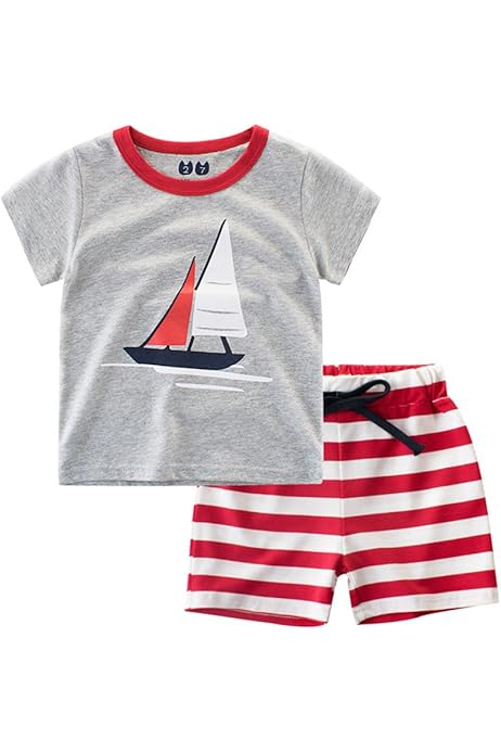 2 Set Abbigliamento Bambino Estate - T-Shirt Manica Corta + Pantaloncini Elastici, Casual