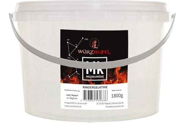 Nötköttgelatin, gelatin 220 bloom, ren aspikpulver, kalllöslig, toppkvalitet från Schweiz. PE – hink 1 800 g (1,8 kg)