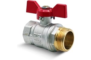 DOJA Barcelona | Vanne 3/4" Papillon | Robinet d'Arret PN-25 | Male-Femelle | en Laiton | Poignée Rouge | Vanne 20/27 pour Compresseur à Air, Tuyau Gaz, Raccord Plomberie, Robinet Exterieur Jardin