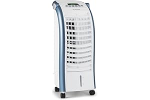 Klarstein Condizionatore Portatile 65W, 4in1, Climatizzatore Portatile, Raffrescatore Aria ad Acqua, Ventilatore, umidificatore, Silenzioso con Night Mode, 444m³/h, Serbatoio da 6L, Bianco/Blu