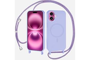 SLWYF Magnetische Handykette für iPhone 16 Hülle mit Band, Handyhülle Kompatibel mit MagSafe, Silikon Seil Necklace Handyhülle PU Stoßfest mit Abnehmbar Kordel zum Umhängen Case - Lichtviolett