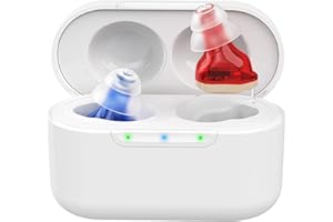 JD HEALTH TECH Clarity CIC Rechargeable Hearing Amplifiers for Adults | Invisible Discreet In-Ear Sound Amplifiers with Noise Reduction & Charging Case – Red & Blue, 140h Battery