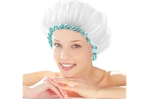 mikimini Reusable Shower Cap for Women Long Hair, Large 12 Inch, Double Layer Waterproof Elastic Band Bath Caps, Washable, Super Cute, White