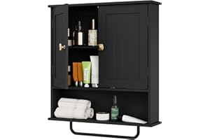 RRX Bathroom Wall Cabinets with Towels Bar,Storage Cabinet, Over The Toilet Storage with 2 Doors and Adjustable Shelf, Wall Cabinet for Bathroom Laundry Kitchen (Black)