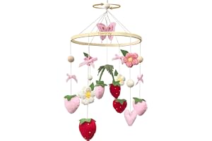 Babymobil med jordgubbe, blommor och filtbollar, flicka, babymobil vindleksak för babysäng, mobil babyskötbord, barnrumsdekoration, gåva (jordgubb)