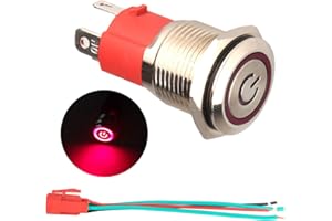 GUUZI 12V-24V / 15A Interruptor de Botón de Enclavamiento NO, Impermeable Luz LED Roja Iluminada Botón de Encendido de Metal de 19 mm con Cable de Enchufe