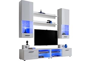 ExtremeFurniture Furniture Set, 6 piece, TV Cabinet Display Cabinets Wall Mounted Shelves, Large Storage Space, 200 x 195 x 45 cm, Modern, White Matt and White High Gloss