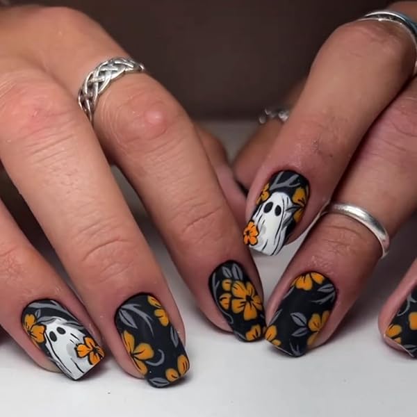 24 Falsche Nägel Halloween Design – Mit Mumie, Skelett, Kürbis – Selbstklebend, Für Partys & Kostüme
