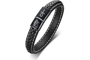 VNOX Bracelet manchette en cuir véritable tressé avec croix Ankh Œil d'Horus en acier inoxydable Fermoir magnétique
