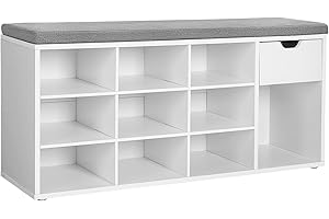 ‎VASAGLE VASAGLE Schuhbank, Schuhregal mit Schublade und offenen Fächern, Sitzbank, gepolsterter Sitz, Flur, Schlafzimmer und Eingangsbereich, 30 x 104 x 48 cm, weiß-grau LHS24WT