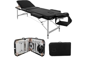 BTM Portable Massage Bed Table, Couch Bed Aluminium Deluxe Lightweight Professional Beauty Tattoo Spa Reiki Folded 3 Section with PU Leather and Density Headrest Arm support,with Carry Bag (Black)