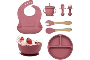 BIZCASA Baby Weaning Set,8pcs Toddler Feeding Set Adjustable Bib with Large Crumb Pouch, Suction Bowl, Cup, Fork, and Spoon Baby Feeding Sets Cutlery Set Easy Wipe Clean for Babies and Toddler (Pink)