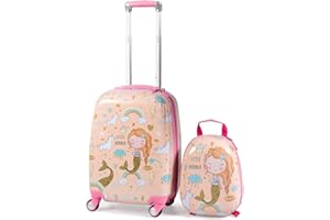 GOPLUS Valise Enfant Fille Garçon, Valise Enfant 18” ＆Sac à Dos 12”, Trolley à roulettes ABS, Hauteur de Poignée Réglable, Valise de Voyage Bagage Cabine en Vol (Rose)