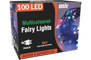 ANSIO® Christmas Lights 100 LED 10m/32ft Christmas Tree Lights for Indoor & Outdoor Multicolour Decorations Fairy String Lights for Xmas Garden Bedroom & Party | Mains Powered Green Cable