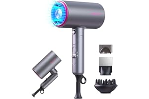 Pretfy Travel Hair Dryer with Diffuser, 2000W Foldable Hairdryer Lightweight Blow Dryer, Professional Ionic Hairdryers with 2 Speeds, 3 Heating and Cool Button with Diffuser Comb Concentrator Nozzle