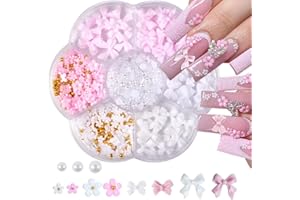 MISSJELLY Nail Charms, Blumen Nagel Charms 3D Rosa Bogen Nail Art Dekoration,3D Acryl Blumen Nail Gems mit weißen Halbperlen für Frauen Acryl Nagel
