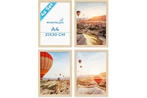 PHOTOLINI Bilderrahmen A4 Holz MDF Natur, 4er Set DIN A4 Bilderrahmen 21x30 cm, bruchsicheres Acrylglas, picture frame zum Aufhängen & Aufstellen, Rahmen mit Zubehör 30x21 für Fotos & Poster