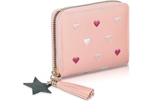CATOR Porte Monnaie Fille, Mignon Coeur Portefeuille Ado Fille avec Fermeture à Glissière à Franges Porte, Petit Porte Monnaie Femme en Cuir avec Porte Cartes(Rose)