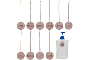 FINGERINSPIRE 10 etiquetas de madera para botellas redondas de camello con cordón de poliéster, etiqueta de madera para baño, plato, mano, jabón, loción, champú, acondicionador, cuerpo, cara, enjuague