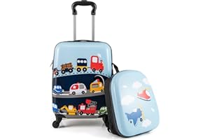 DREAMADE 2 TLG. Kinderkoffer & Rucksack, Kinderkofferset, Kindertrolley Kindergepäck, Handgepäck Reisegepäck Hartschalenkoffer für Kinder (17 Zoll + 13 Zoll,Blau-Auto)
