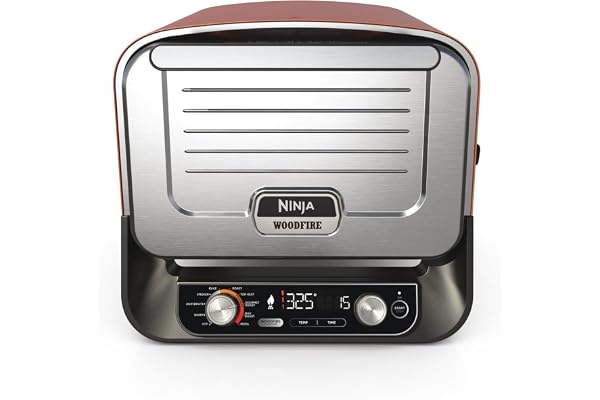 Ninja Woodfire Four à pizza extérieur électrique 8-en-1, rotissoire & fumoir barbecue avec grille, plaque pro-heat, pierre à pizza, granulés de bois et pelle, 6 réglages, orange foncé OO101EU