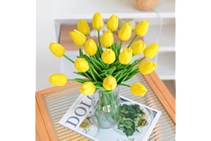 JUSTOYOU 10 pcs Real Touch Latex Artificielle Tulipes Fleurs Faux Tulipes Fleurs Bouquets De Mariage pour Mariage Maison Jardin Décoration Jaune