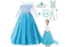 UDACA ELSA Kostüm Mädchen, ELSA Kinder Prinzessin Kleid 6-teiliges Set mit Krone Diadem Handschuhe Zauberstab usw für Halloween Weihnachten Verkleidung Karneval