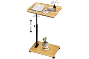 SEHAUSEU Tavolino Laterale Forma C in Bambù e Metallo Moderno Altezza Regolabile con Rotelle - per Letto, Divano, Comodino - Soggiorno, Camera da Letto, Bagno