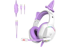 IMYB Gaming Headset mit Katzenohren abnehmbaren, RGB-Licht, Stereo Surround Noise Cancelling, Mikrofon für PC, PS4, PS5, Xbox One X/S, Mac, Laptop (Lila)