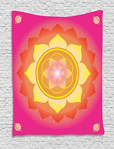 Lotus Tapestry, Mandala with Planet Figures Cosmos Galaxy Themed Ethnic Graphic Art Print, Wall Hanging for Bedroom Living Room Dorm, 60 W X 80 L Inches, Hot Pink Yellow Red