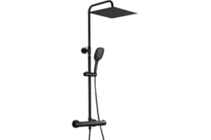 JOHO Columna de Ducha con Grifo Termostático Negro Barra Ducha Reuglable en Altura Acero inoxidable 304 Ducha Cuadrada Lluvia 25 * 25cm