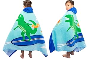 BANGSAUR Children's Hooded Bath Beach Towel, 100% Cotton 50"x30" Wrap, Kids Toddlers Girls Boys 3-12 Years Coverup(Surfing T-rex)