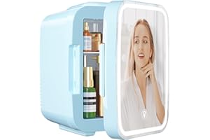 YASHE Mini Frigorifero per la Camera, Frigorifero Skincare con Specchio a LED, Piccolo Frigorifero da 4L Portatile, Riscaldatore & Raffreddatore Termoelettrico 220V AC / 12V DC per Auto, Ufficio(Blu)