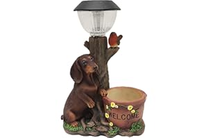 BLOOMINGTONS DIRECT Solar Powered Dachshund Dog with Robin Light Lamp Post Welcome Sign Ornament Automatic Sensor Solar Garden Light and Plant Pot Indoor & Outdoor 6-8Hr Light Output Sausage Dog Welcome Sign