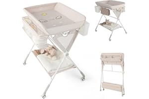 COSTWAY Fasciatoio Neonato Pieghevole, Fasciatoio Portatile con Altezza Regolabile a 3 Livelli, Fasciatoio Neonato con Ruote di Bloccabili, Ripiano, Porta Asciugamani, Cestino di Rifiuti (Beige)