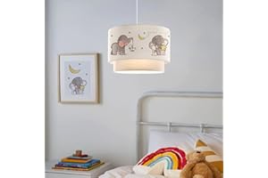 ‎LUX.PRO lux.pro Kinderzimmer Lampe Lurgan Deckenleuchte E27 LED-geeignet Hängelampe mit Stoffschirm doppelt Elefanten-Motiv 70 cm hoch Weiß