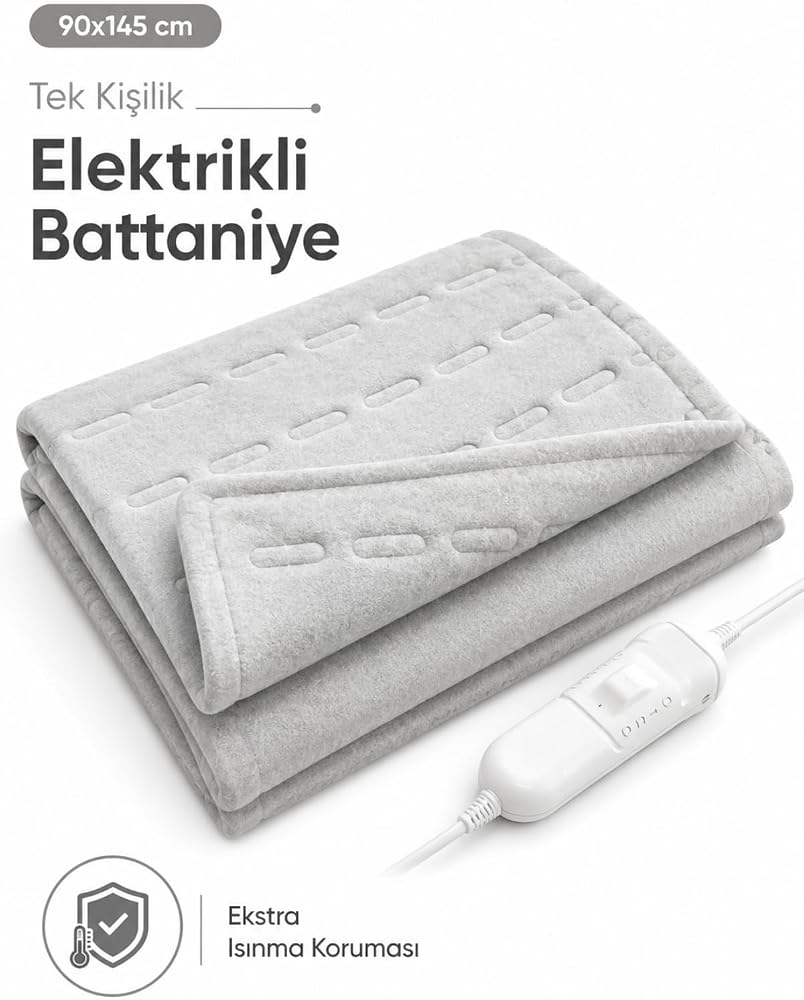 Beylini OMAK Tek Kişilik Elektrikli Battaniye Tam Güvenlikli Dayanıklı Çift Kademeli Termostatlı Elektrikli Yatak Isıtıcı 90x145 CM