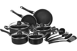 Herzberg HG04241, Batería de Cocina Antiadherente de 13 Piezas, Negro, Acero al Carbono Duradero, Tapas de Vidrio Templado, Compatible con Todas las Fuentes de Calor, Lavable en Lavavajillas