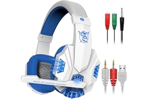 MAXIN Gaming Headset con microfono e luce a LED per computer portatile, cellulare, PS4 e la nuova Xbox One, DLAND 3,5 mm rumore cablato isolamento Gaming cuffie-controllo del volume. (Bianco e blu)