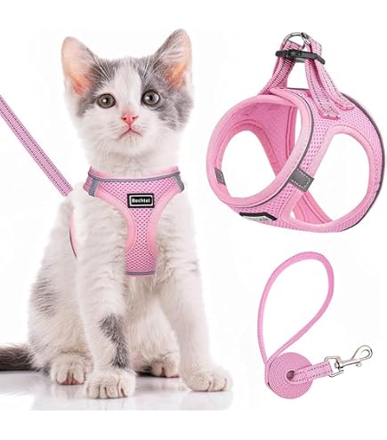 Harnais Réglable Pour Chat Avec Laisse - Tissu Maille Respirant, Bandes Réfléchissantes, Clip Pivotant, Rose - 4